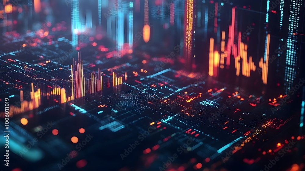 Poster futuristic digital data visualization of market trends and financial analytics displayed on a dark t