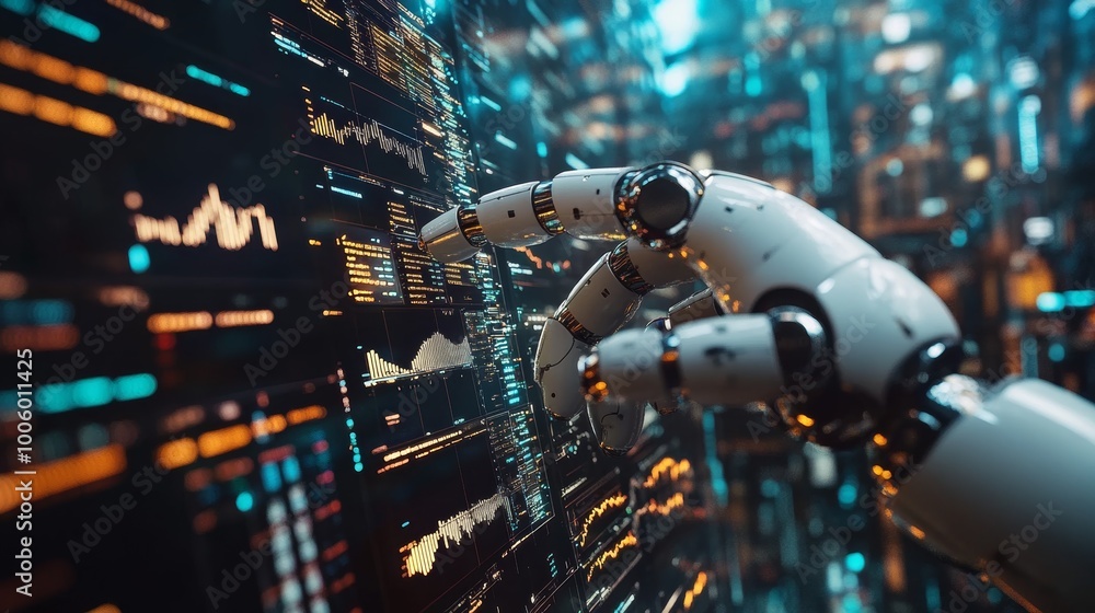 Poster robotic hand interacting with data on a screen