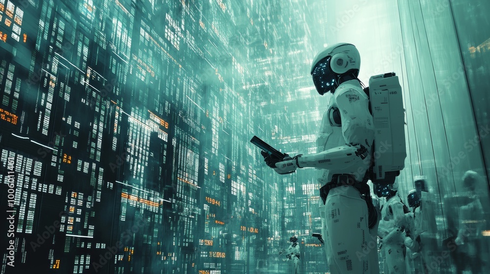 Poster futuristic cyborg robots in digital matrix data center