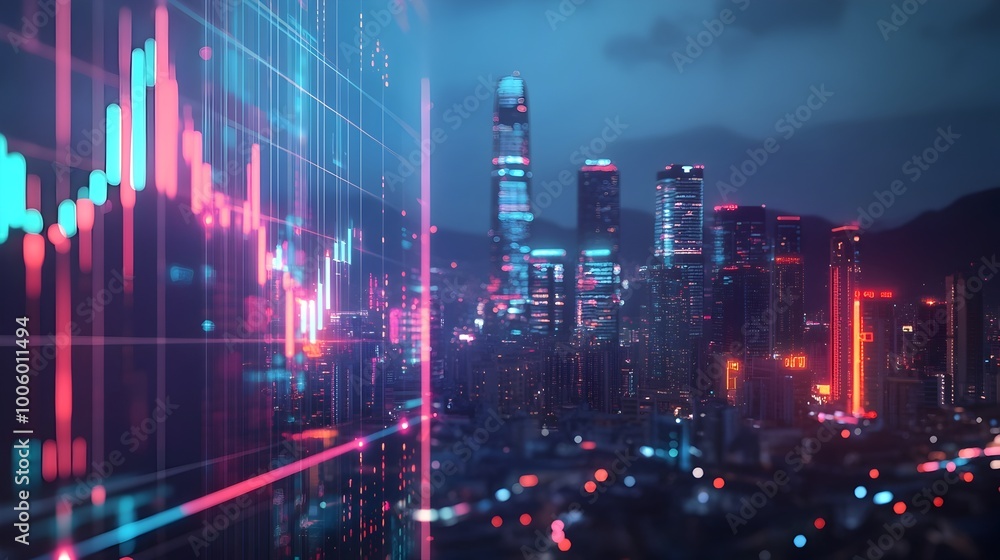 Poster holographic trading app with glowing financial graphs and city skyline in the background showcasing 