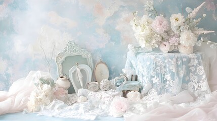 Ethereal and whimsical pastel colored backdrop with a comforting nostalgic vibe featuring intricate lace detailing delicate fabrics and a soft palette of blues pinks and mint greens