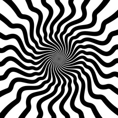Psychedelic hypnosis swirls, hypnotic spiral pattern. Vector abstract, mesmerizing black and white twirl visual illusion creates a sense of movement and depth, evoking dazzling feelings of psychedelia