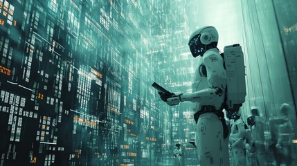 Futuristic Cyborg Robots in Digital Matrix Data Center