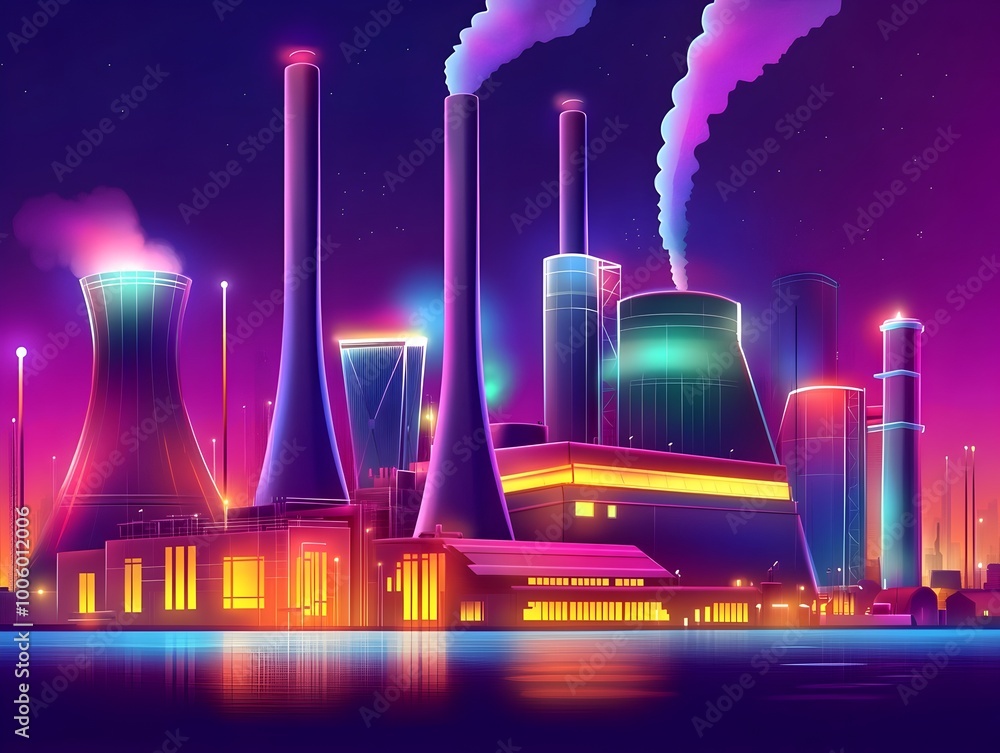 Poster cartoon style minimal power plant with simple geometric shapes and vibrant colors compact modular st