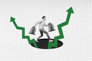 Creative collage young man go step money bags earnings arrows increase profit income trader...