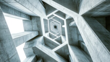 The view captures the intricate design of a concrete framework, where angular shapes create a mesmerizing geometric pattern enhanced by natural light piercing through the openings