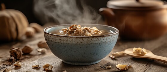 Delicious bowl of steaming oatmeal with nuts.