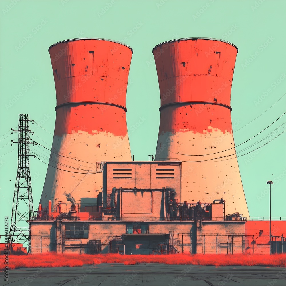 Poster striking minimalist cartoon depicting a futuristic retrofuturistic power station with a bold primary