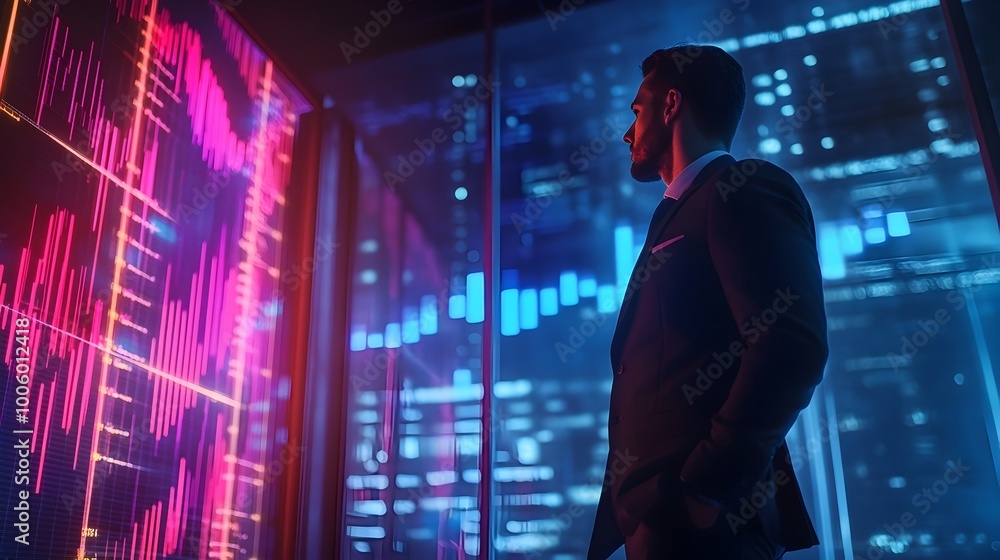 Poster businessman analyzing holographic financial charts graphs and data visualizations in a sleek modern 