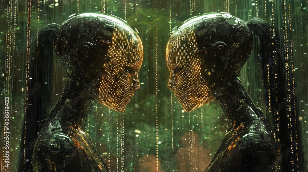 Poster futuristic ai robots facing each other in digital rain