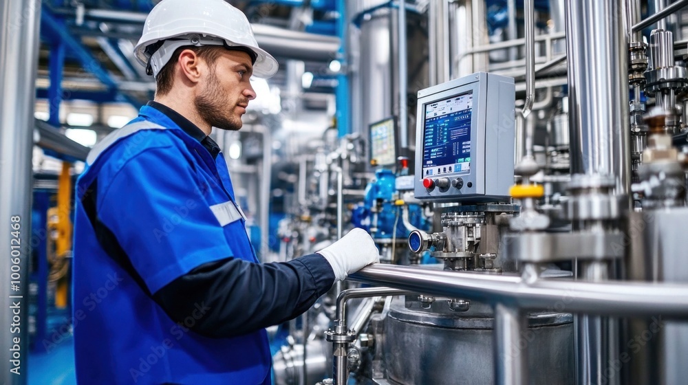 Poster a technician is focused on monitoring and adjusting machinery controls inside a busy manufacturing f