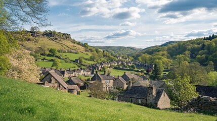 Scenic View of Hills and Village in Springtime