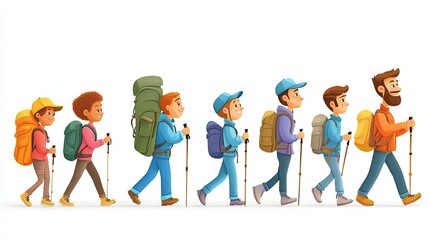 Cartoon Illustration of a Group of Hikers with Backpacks and Trekking Poles