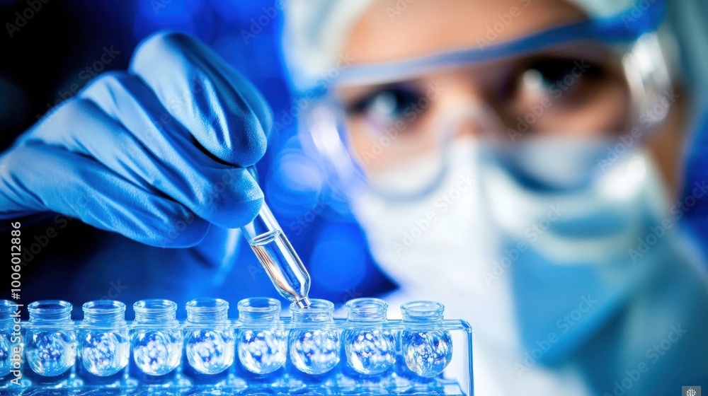 Poster a scientist in a lab coat and protective gear carefully uses a pipette to dispense fluid into a row 
