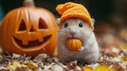 Cute Hamster in Orange Knit Hat Holding Miniature Pumpkin for Halloween