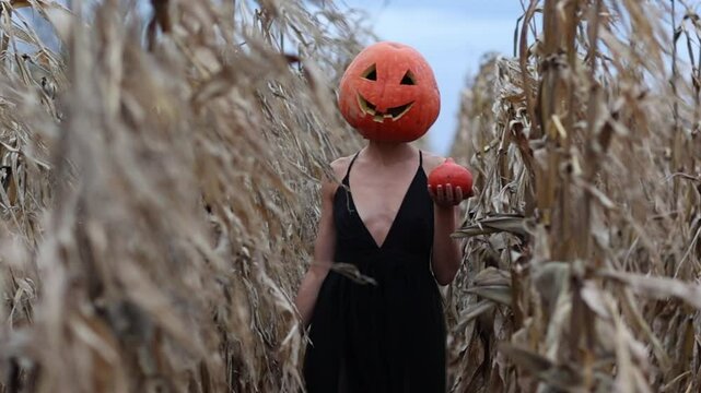 Halloween party. Woman in carved pumpkin head and long dark dress hold tiny pumpkin in hand goes to camera at autumn dry corn field. Spooky orange pumpkin carnival mask, Jack Lantern. Trick o treat