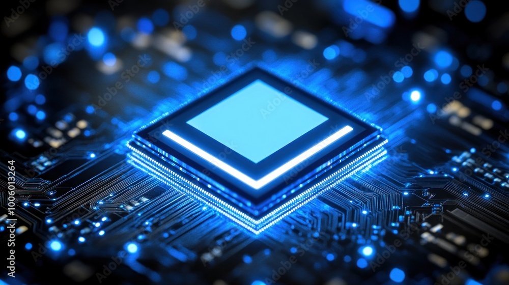 Poster the microchip radiates a blue glow amidst a detailed circuit board, emphasizing its complex pathways
