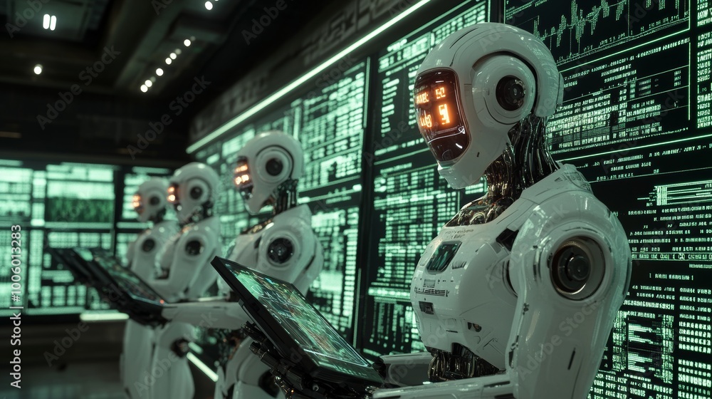 Poster futuristic ai robots working in data center with digital screens