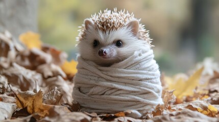 Fototapeta premium Cute Hedgehog Wrapped in White Fabric on Autumn Leaves