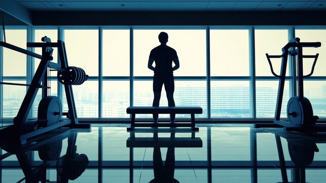 A lone figure in a gym looks out at dawn through large windows, surrounded by fitness equipment, capturing a quiet moment of reflection