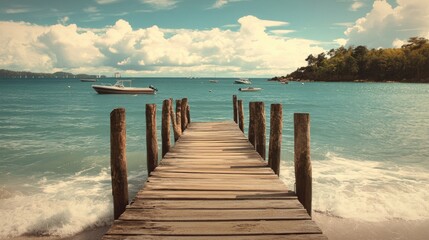 Fototapeta premium A wooden pier extending out into the ocean from a small island, with waves gently lapping against the posts and boats in the distance.