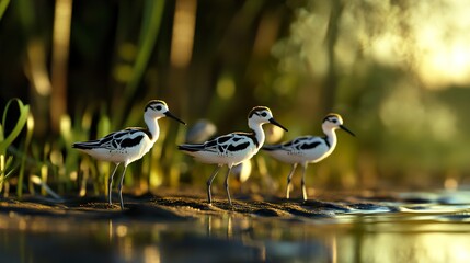 Obraz premium Black and White Birds by the Water's Edge