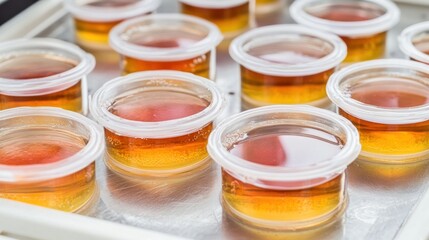 A variety of gelatin dessert cups filled with colorful, translucent flavors sits neatly on a metal tray, perfect for a summer gathering or celebration