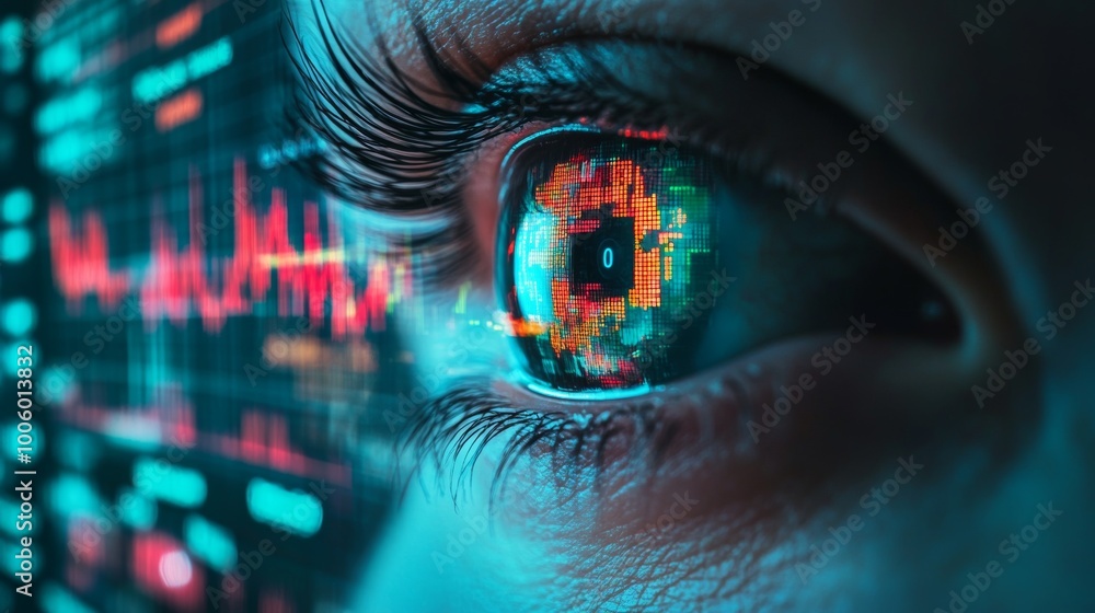 Poster digital eye looking at data screen close up of human eye with digital pattern reflection
