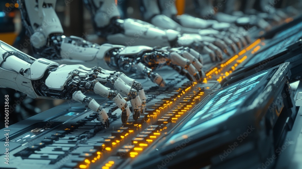 Poster futuristic robot arms typing on a keyboard artificial intelligence technology automati