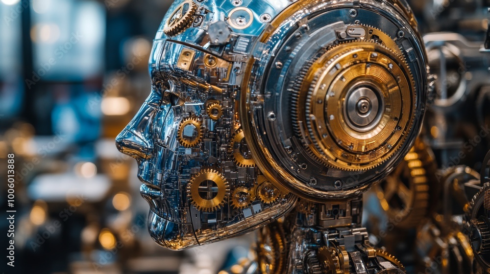 Aufkleber futuristic robot head with gears and circuitry artificial intelligence concept