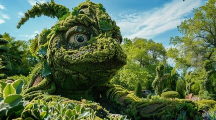 A whimsical topiary garden filled with fantastical shapes and creatures sculpted from lush green foliage
