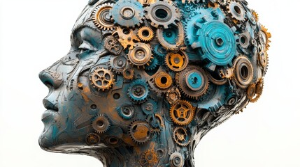 Naklejka premium Human Head Sculpture with Gearing Metal Art Abstract Machine Steampunk Gears