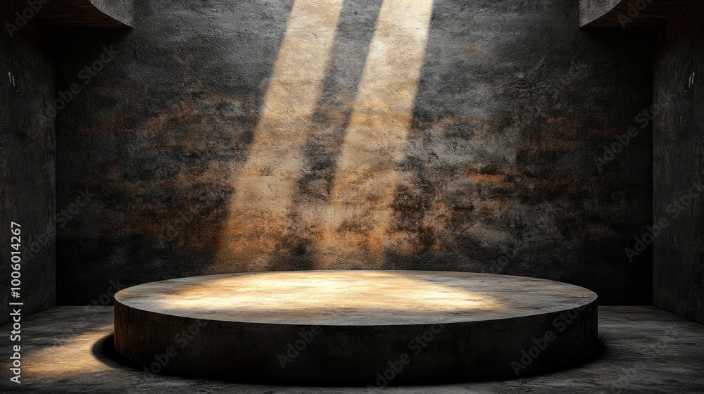 Poster the concrete stage is set in a dark, industrial space, highlighted by sunlight streaming through ope