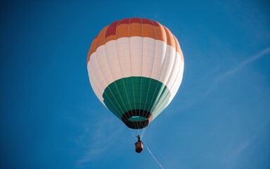Naklejka premium Colorful hot air balloon flying against a clear blue sky.