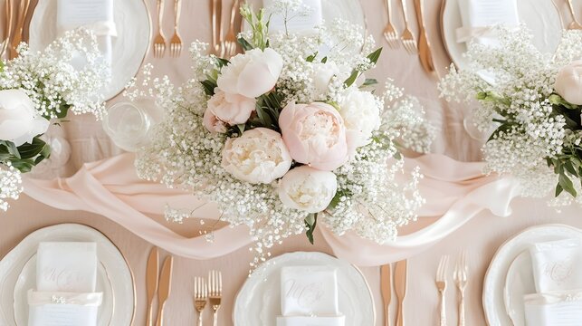 Pastel Hued Bridal Shower Tablescape Featuring Lush Peony Bouquets Baby s Breath and Satin Ribbons in Shades of Blush and Ivory Evoking a Vintage Inspired Elegance and Natural Lighting