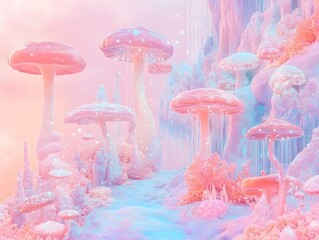 Enchanting pastel colored background with a playful and whimsical fantasy scene infused with a magical realism and dreamlike vividness presented in a vintage style