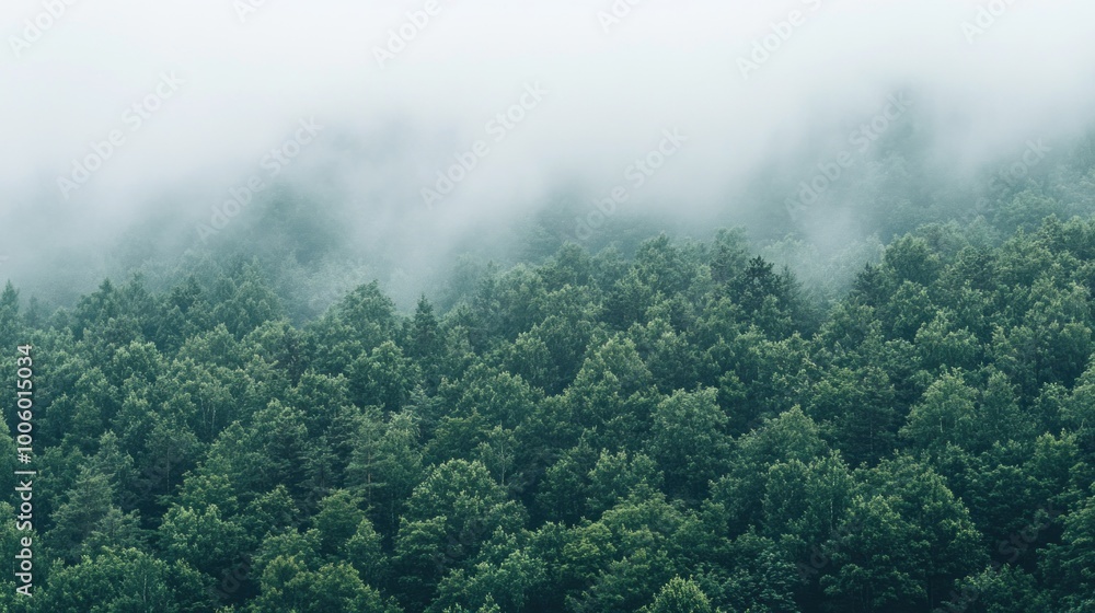Poster a dense forest filled with vibrant green trees is enveloped in a soft mist, creating a peaceful atmo
