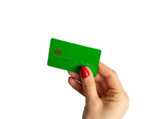 Shot of the woman holding green credit card.