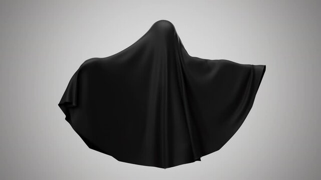Ghost in black sheet moving on white background. Halloween phantom animation.