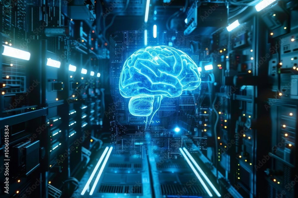 Poster a futuristic vision of artificial intelligence displayed through a glowing brain amidst a maze of ad
