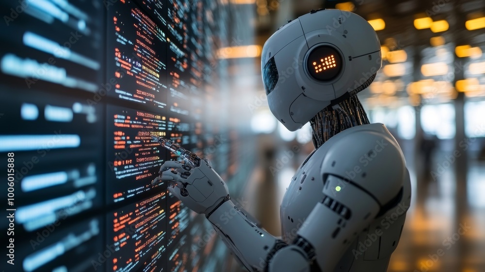 Poster ai robot analyzing data on digital screen futuristic technology concept