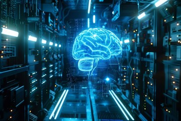 A futuristic vision of artificial intelligence displayed through a glowing brain amidst a maze of advanced computer servers. Generative AI