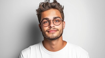 A young man with a confident smile is wearing trendy round glasses and a casual white t-shirt while standing in front of a simple backdrop, conveying a relaxed and approachable vibe