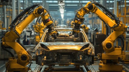 Assembly line workers in a car factory assembling parts of a vehicle, with robotic arms aiding production.