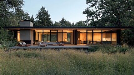 A minimalist home exterior with a flat roof, large windows, and a seamless connection to the surrounding landscape