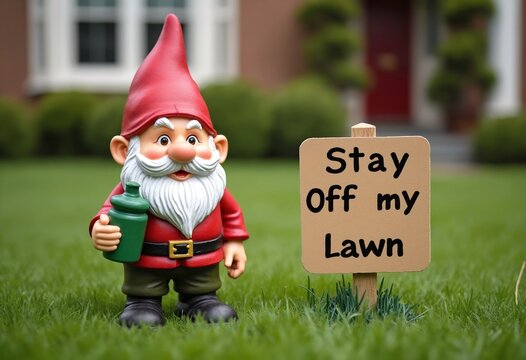 Lawn gnome holding a sign that reads Stay off my lawn