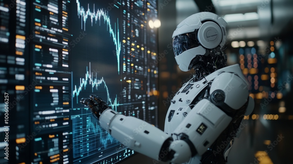 Poster ai robot analyzing financial data on large screen