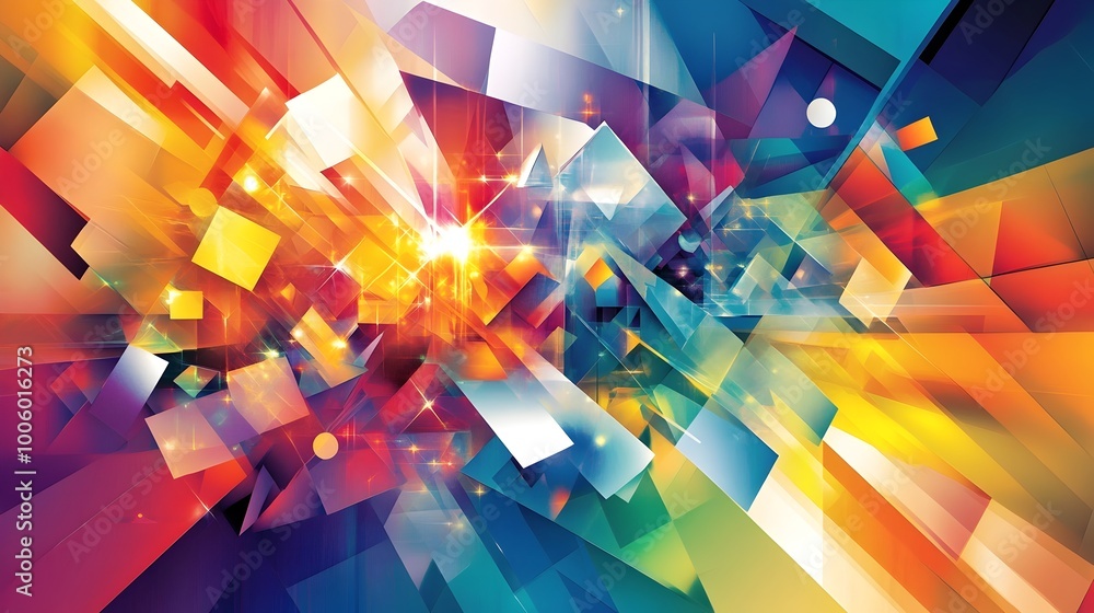 Poster vibrant dynamic abstract background featuring an array of colorful geometric shapes and patterns in 