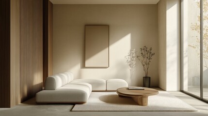 A minimalist living room with clean lines, neutral colors, and simple furnishings, creating a sense of calm