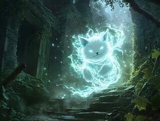 Glowing Pixiu Creature Emerges from Ancient Stone Ruins Overgrown with Vines in a Lush Jungle Setting Radiating an Ethereal Aura of Light and Mystical Energy